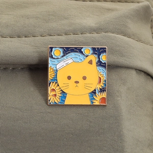 Artistic cat enamel pin with Starry Night and sunflower oil painting design on fabric