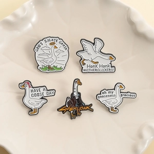 Set of 5 funny silly goose enamel pins with creative quotes and cute cartoon designs