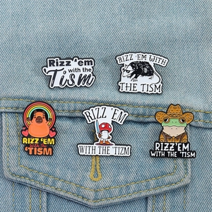 Funny animal enamel pin set including frog and capybara on blue denim jacket