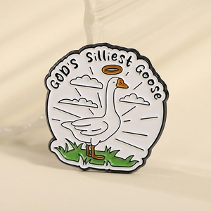 Funny enamel pin featuring a white cartoon goose with God's Silliest Goose text
