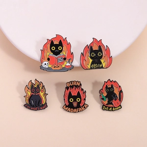 Funny Black Cat Enamel Pin Set Cartoon Flame Cat Brooch Zinc Alloy Animal Badge Let It Burn Arson Pins For Bags Clothing Accessories