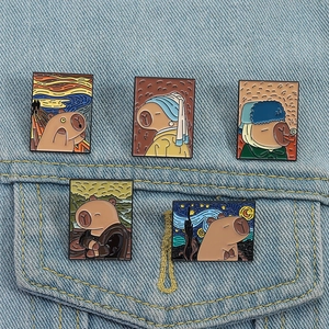Detailed set of five creative Capybara enamel pins inspired by world famous oil paintings