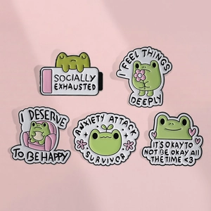 Cartoon Frog Enamel Pin Alloy Brooch Mental Health Phrases Colorful Lapel Badge For Jackets Bags Backpack Accessory Gift