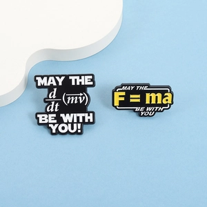 Physics F=ma equation enamel pins set on blue background for jackets and backpacks
