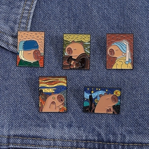 Set of five Capybara enamel pins parodying world-famous paintings on denim fabric