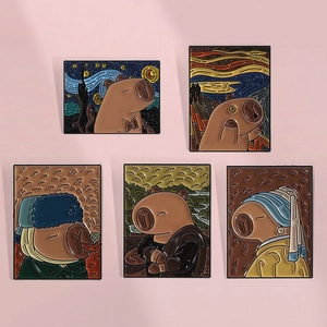 Broches en Émail Capybara Peintures Célèbres Amusantes en Alliage Nuit Étoilée Cri Mona Lisa Badge Style Artistique Bijoux Cadeau