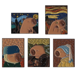 Artistic Capybara enamel pins set featuring parodies of famous world paintings