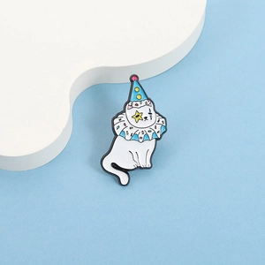 Cartoon white clown cat enamel brooch pin with blue polka dot hat and star makeup