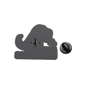 Detail view of the metal enamel pin back with a black matte finish and rubber clutch