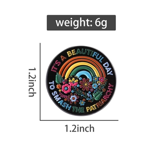 Enamel badge detail with colorful flowers and size 1.2x1.2 inch measurement on white background