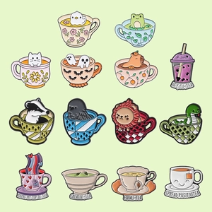 15-piece creative enamel pin set featuring cartoon animals in teacups with puns