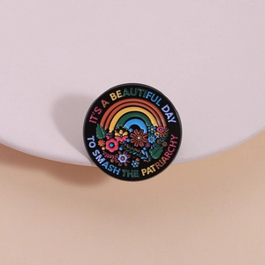 Round Enamel Pin Brooch With Rainbow Flower Pattern Zinc Alloy Slogan Lapel Pin For Women Men Fashion Accessories Gift