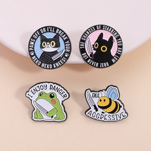 Funny cartoon animal enamel pins set featuring cat, frog and bee holding small knives