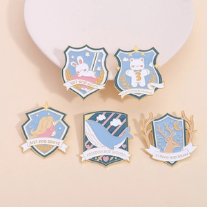 5-piece animal enamel pin set featuring bunny and bear in creative shield shapes