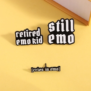 Three-piece set of black enamel emo brooches with white text for backpacks and hats