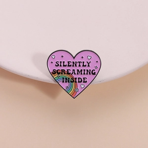 Silently Screaming Inside Pink Heart Enamel Pin Rainbow Zinc Alloy Brooch Badge For Backpack Clothes Accessories Jewelry