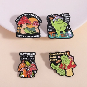 Cartoon frog and mushroom enamel pin set with motivational English quotes on metal
