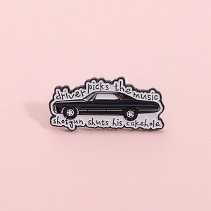 Cute black vintage car enamel pin with movie quote driver picks the music shotgun shuts