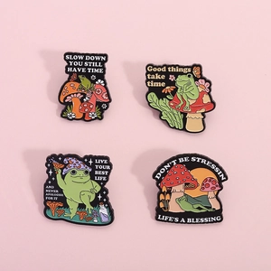 Set of 4 cute cartoon frog and mushroom enamel pins with inspirational English quotes