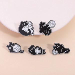 Set of 5 black cat and D20 dice enamel pins for backpacks and clothing accessories