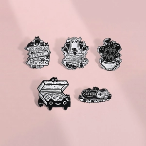 Funny Cartoon Black And White Cat Enamel Pins Ghost Coffee Cup Pizza Box Battery Alloy Brooch Badges For Backpack Clothes Unisex