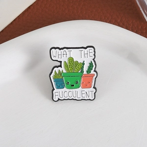 Cartoon succulent enamel pin set featuring funny WHAT THE FUCCULENT text and cute plant pots