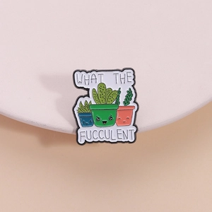 Cute potted succulent enamel pins with What The Fucculent pun text and colorful pots