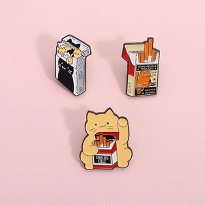 Funny cat cigarette pack enamel pins set with creative cartoon slogans on pink background
