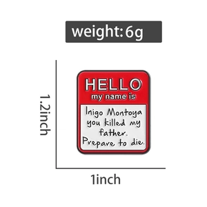 Detail view showing a 1.2x1 inch red name tag enamel pin with movie quote and dimensions