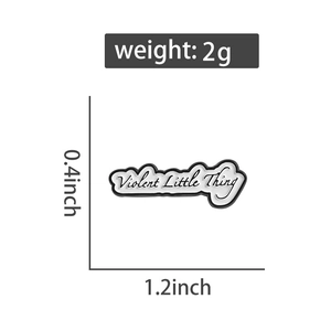 Size chart showing a 1.2-inch enamel pin with Violent Little Thing text and 2g weight