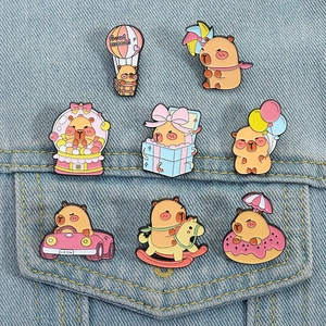 Set of 8 cute capybara enamel pins with colorful balloons on denim jacket pocket