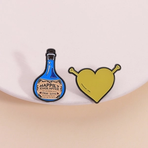 Cartoon Shrek monster heart and potion bottle enamel pin set for backpacks and clothing
