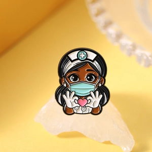 Detailed view of a cartoon nurse enamel pin on a white stone with a warm yellow background