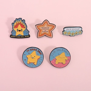 Set of 5 cartoon star enamel pins with motivational quotes and cute creative designs
