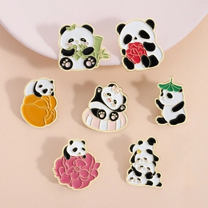 Set of seven Chinese style panda enamel pins featuring bamboo and floral motifs on stands