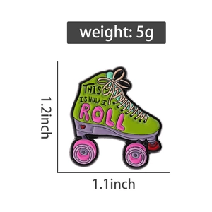 Retro roller skate enamel pin with 'THIS IS HOW I ROLL' slogan, 1.2 x 1.1 inch size