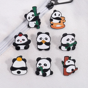 Set of 8 cute cartoon panda enamel pins in various poses on a white canvas background