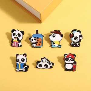 Detailed set of 7 cartoon panda enamel pins featuring various cute activities and scenes