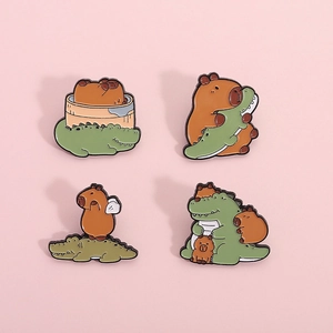 Cute Cartoon Capybara And Crocodile Enamel Pin Alloy Brooch For Backpack Clothing Hat Creative Animal Badge Jewelry Gift