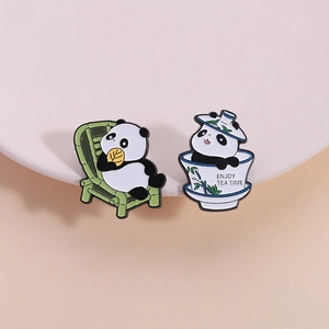 Chinese Style Cute Panda Enamel Brooches Adorable Animal Bamboo Teacup Badge For Bags Clothing Unisex Pins Accessory