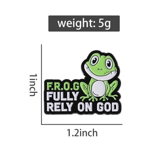 Detail view of cartoon frog enamel pin showing dimensions 1.2x1 inch and 5g weight