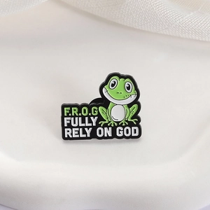 Broche grenouille en émail vert avec texte de motivation Fully Rely On God F.R.O.G