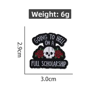 Detail of skull and rose enamel pin with dimensions 3.0cm width and 6g weight