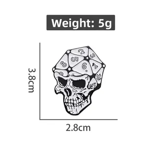 Detailed view of skull d20 dice enamel pin measuring 3.8cm by 2.8cm and 5g weight