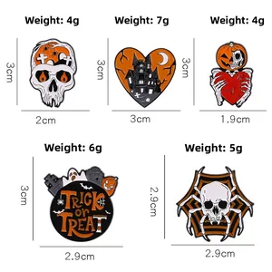 Detailed view of Halloween enamel skull pins set including spooky castle and trick or treat
