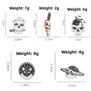 Detailed dimensions and weights of five gothic skull and black cat enamel pins