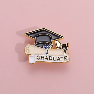 Black graduation cap enamel pin with golden tassel and Graduate banner for bags