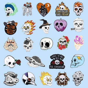 Set of 25 Halloween skeleton enamel pins featuring skulls, coffee, and dark art designs