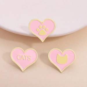 Mignonne Broche Émaillée en Forme de Cœur Rose Ensemble de Pins de Patte de Chat et Silhouette Broche en Alliage de Zinc pour Femmes Bijoux