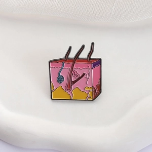 Cartoon skin anatomy enamel pin with dermis and hair follicle layers on white stand